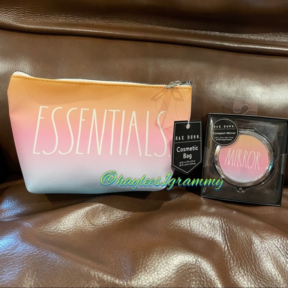 Rae Dunn ESSENTIALS Cosmetic Bag & MIRROR Compact Mirror Set NEW!!
